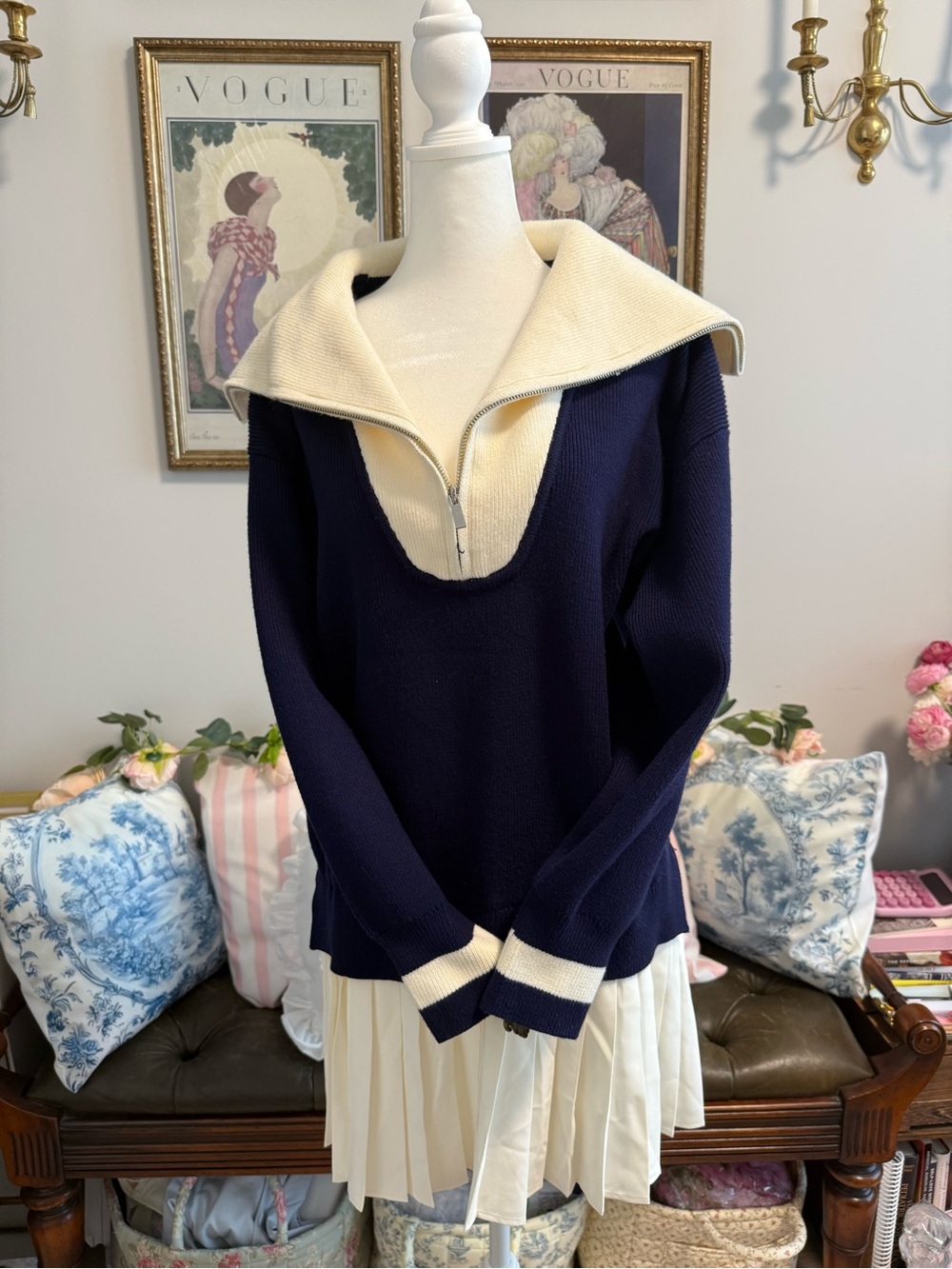 Anthropologie Navy and Cream Sailor-Collar Zip Knit Top